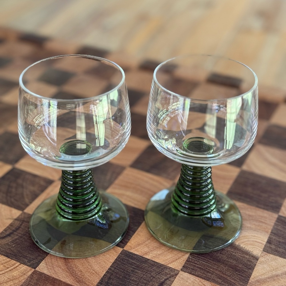 Vintage 1970s Green Beehive Cordial Wine Glass Set of Two